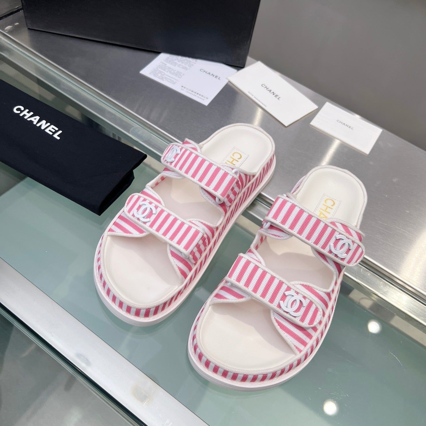 Stripes Casual  Flat Sandals Light Pink White