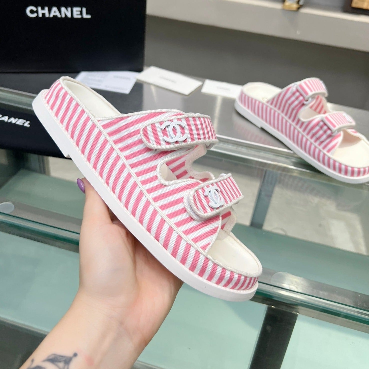 Stripes Casual  Flat Sandals Light Pink White
