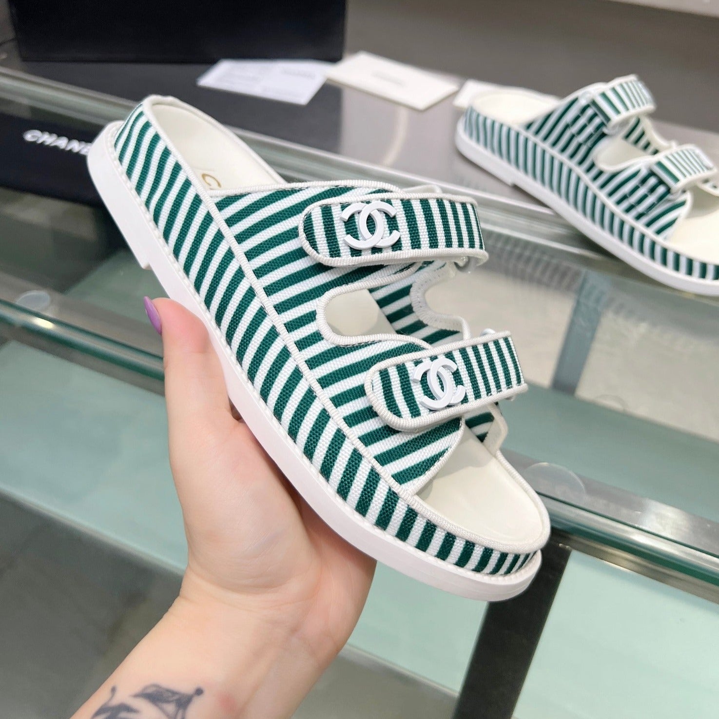 Stripes Casual  Flat Sandals Jade Green White