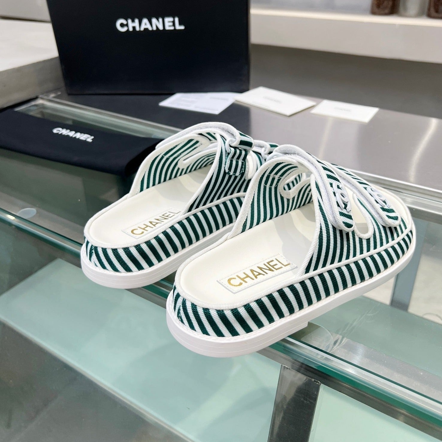 Stripes Casual  Flat Sandals Jade Green White