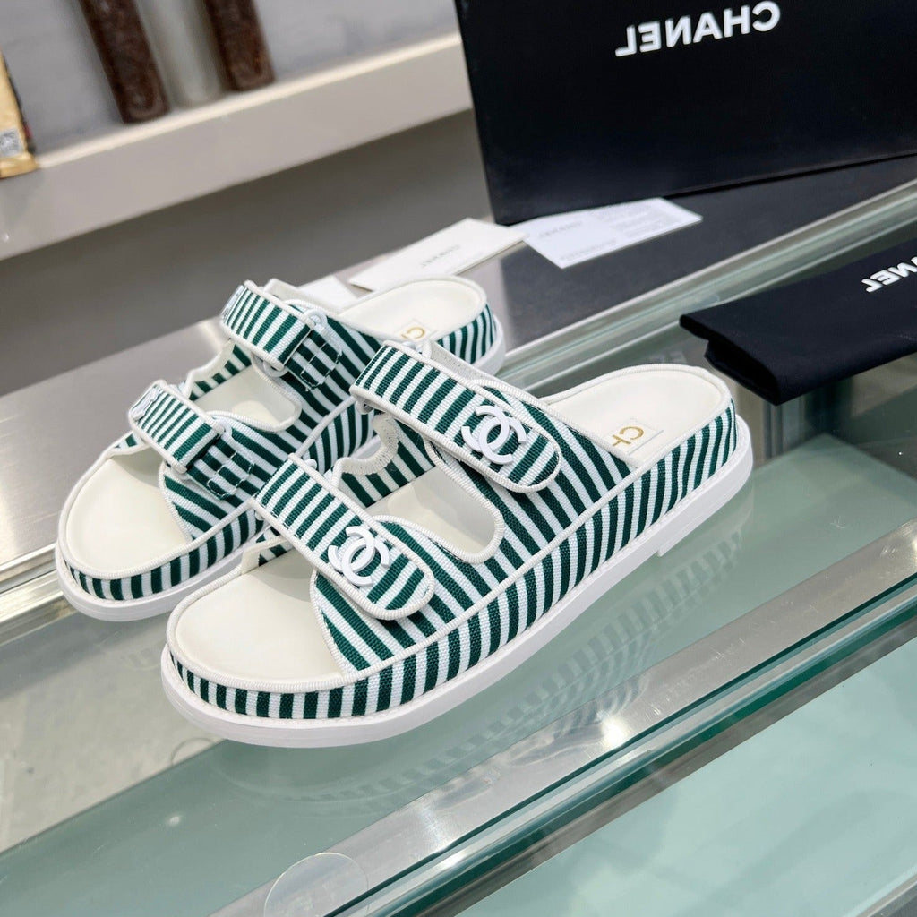 Stripes Casual  Flat Sandals Jade Green White