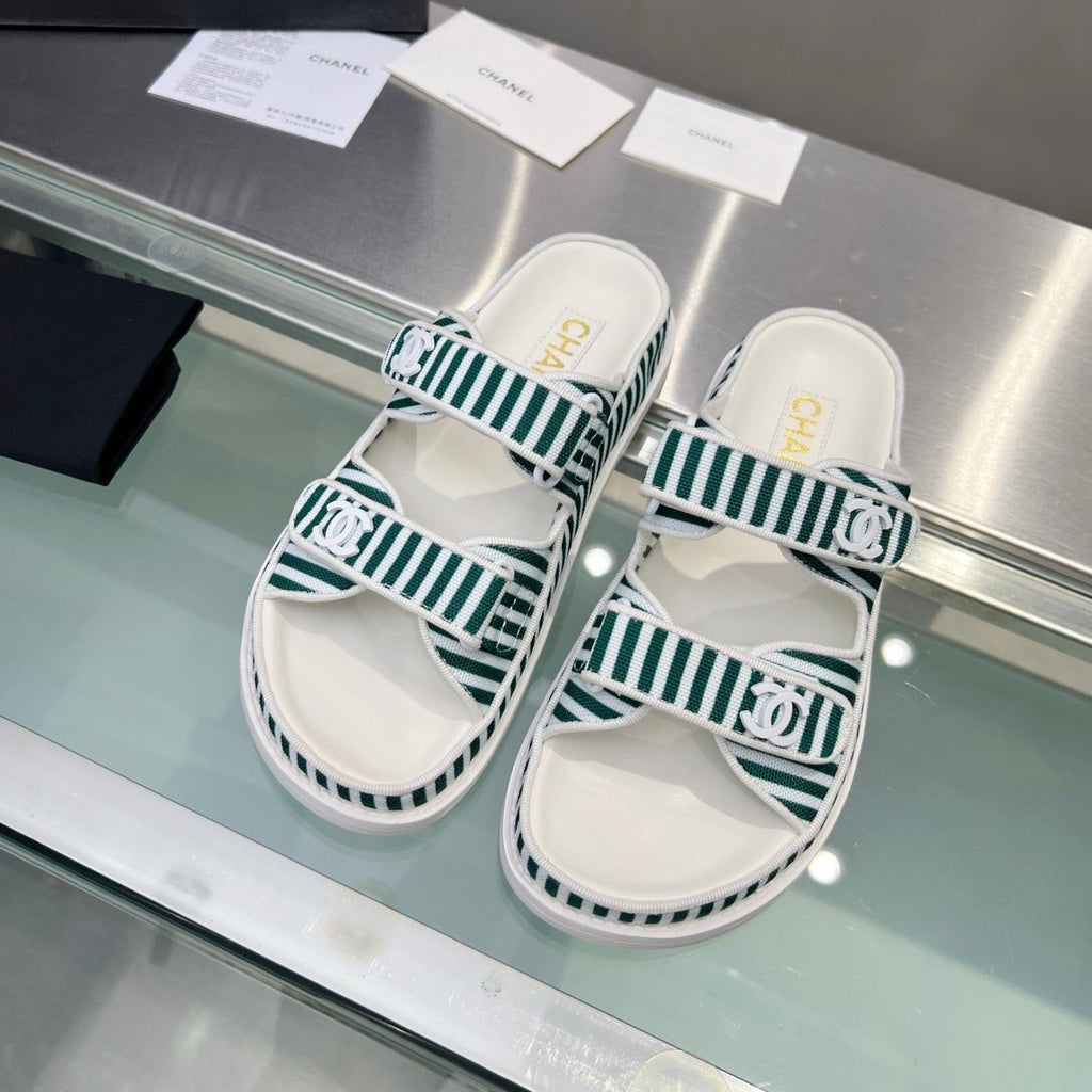 Stripes Casual  Flat Sandals Jade Green White