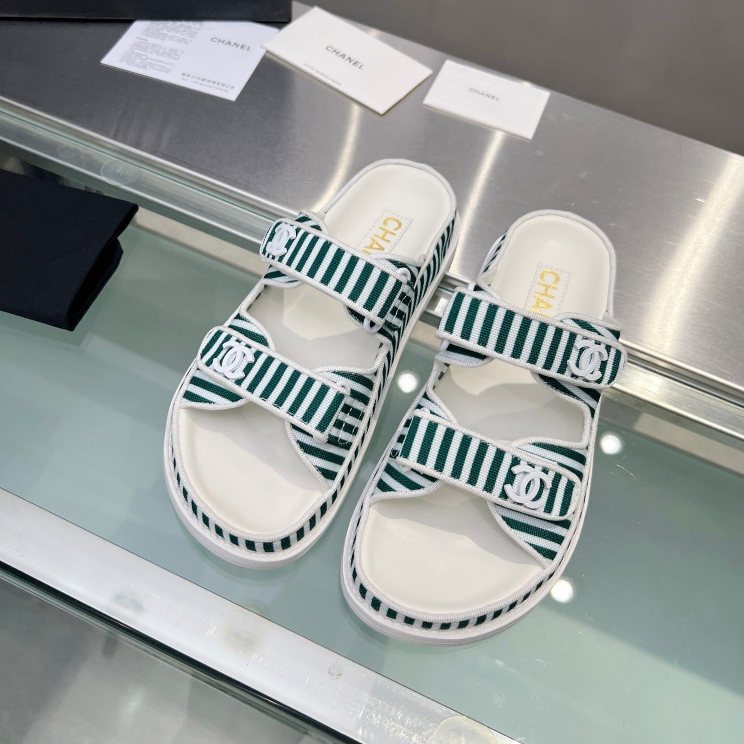 Stripes Casual  Flat Sandals Jade Green White