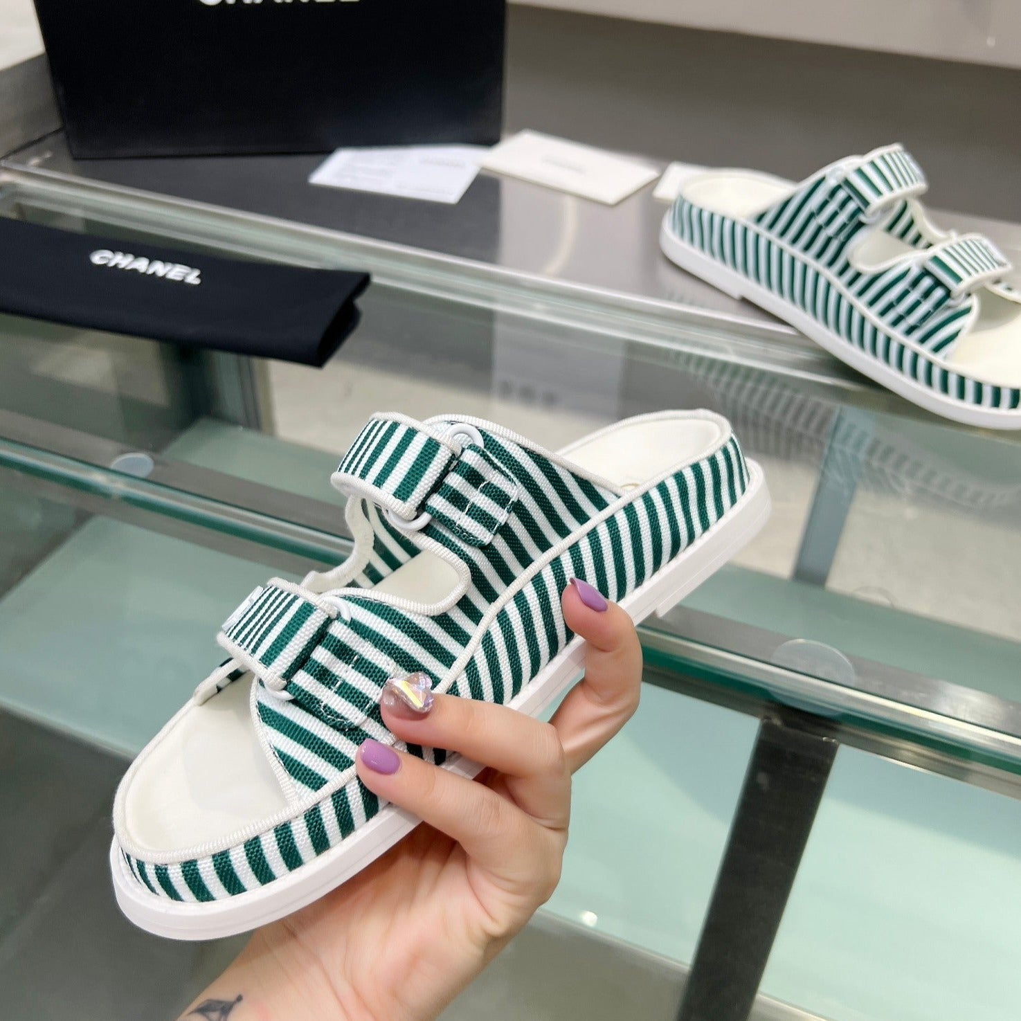 Stripes Casual  Flat Sandals Jade Green White