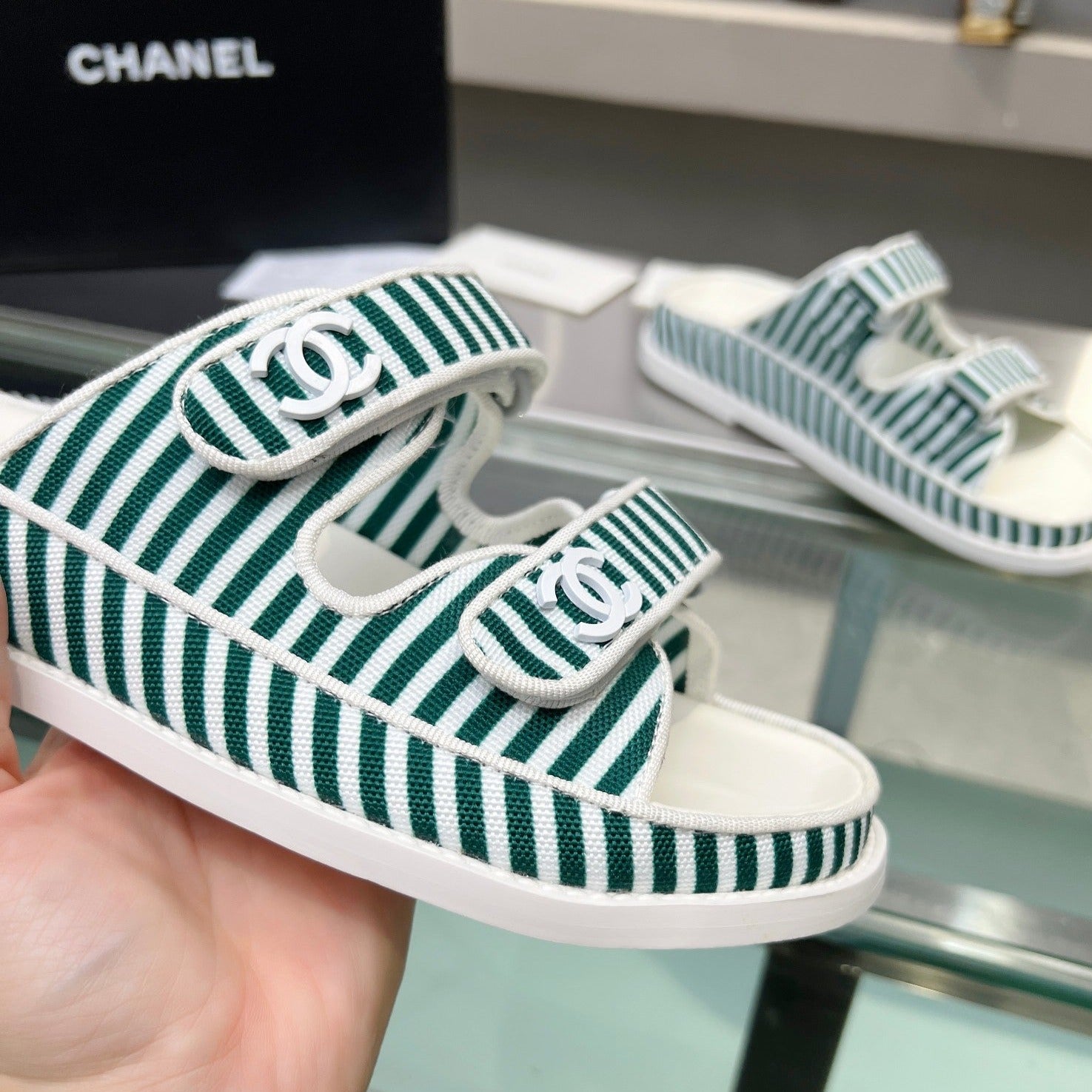 Stripes Casual  Flat Sandals Jade Green White