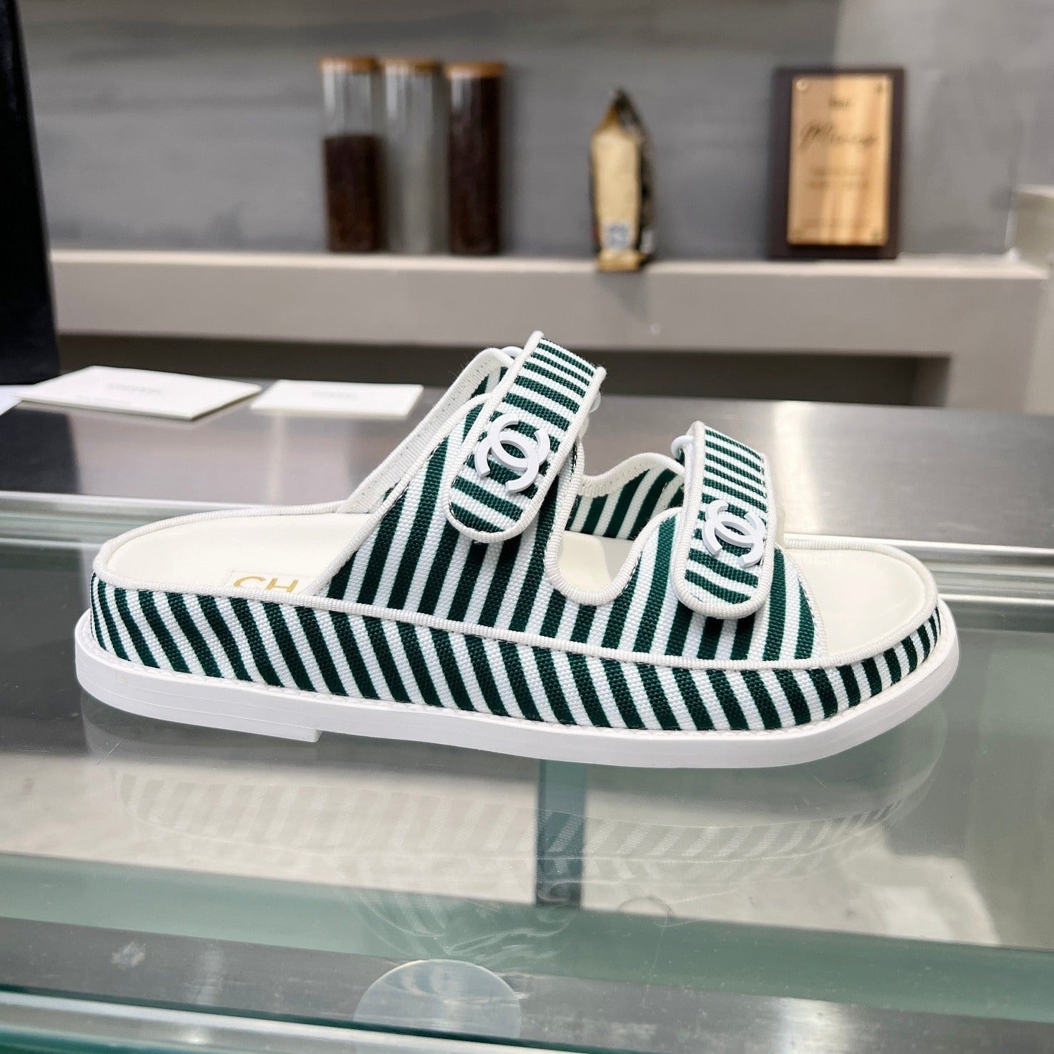 Stripes Casual  Flat Sandals Jade Green White