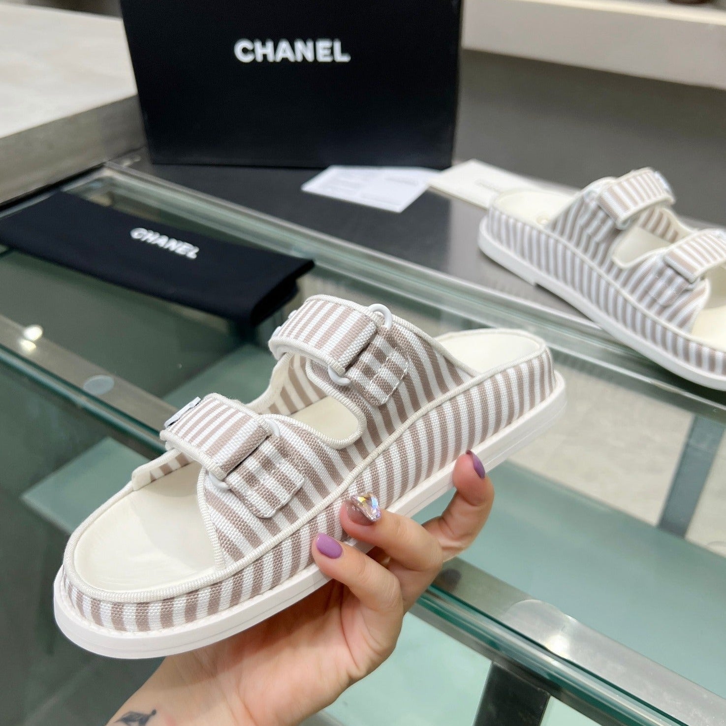 Stripes Casual  Flat Sandals Gray White