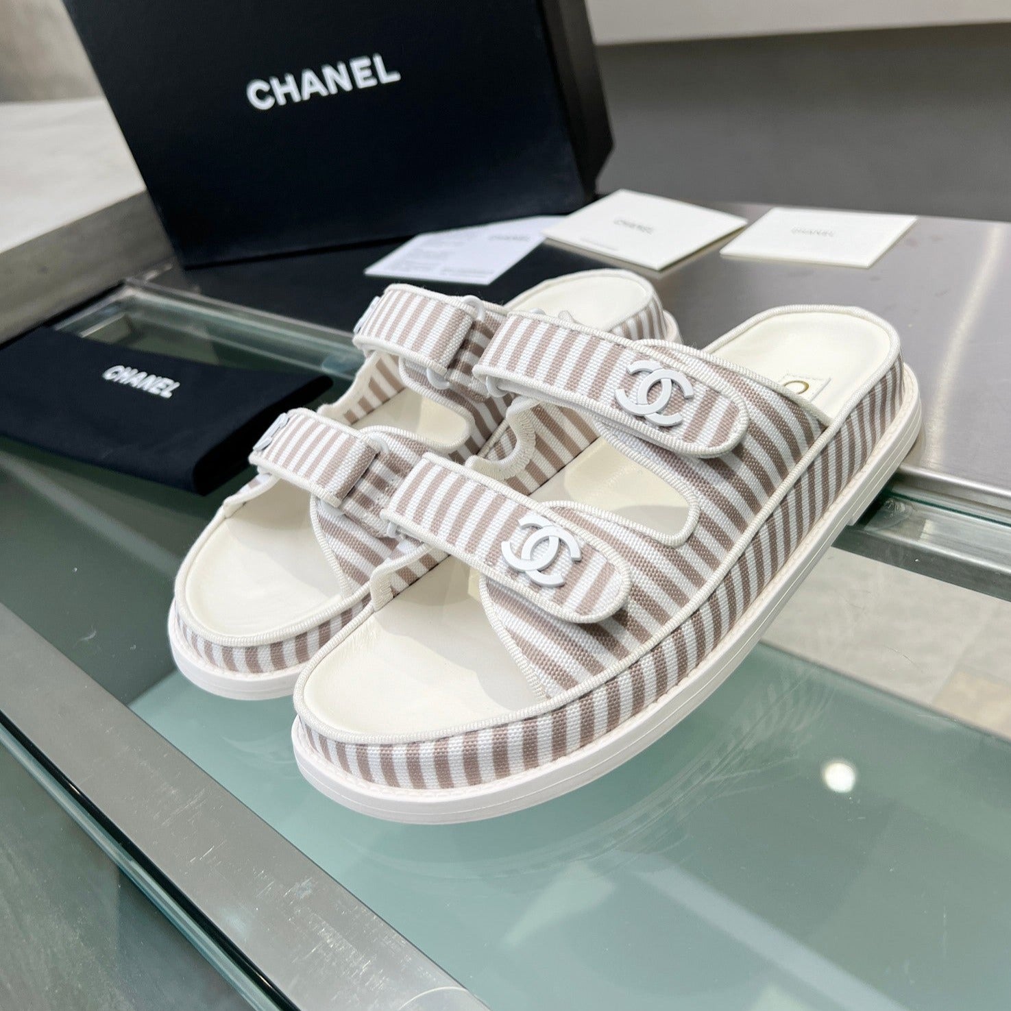 Stripes Casual  Flat Sandals Gray White