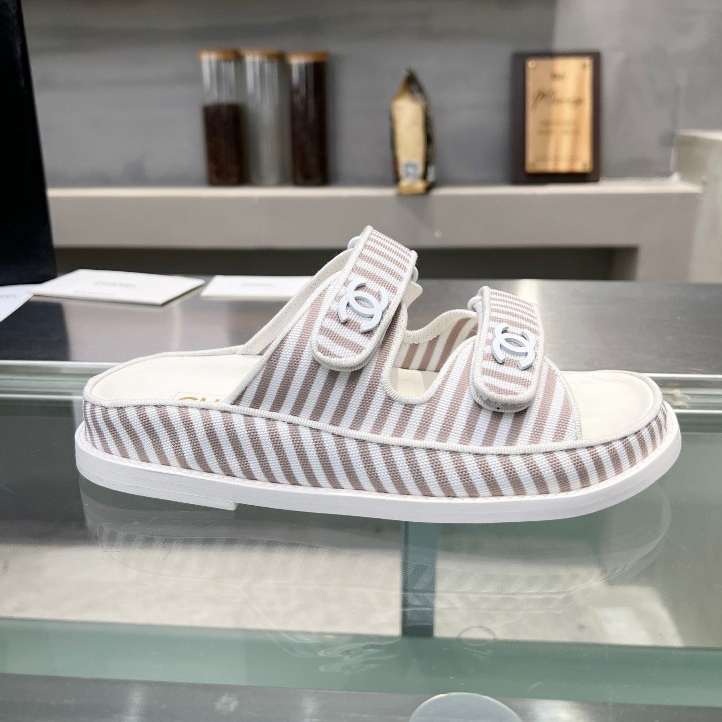 Stripes Casual  Flat Sandals Gray White