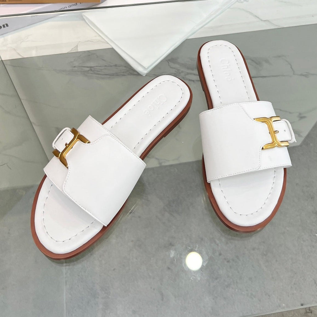 CHLOÉ HLOE MARCIE SLIDE IN WHITE CALFSKIN WITH GOLD HARDWARE