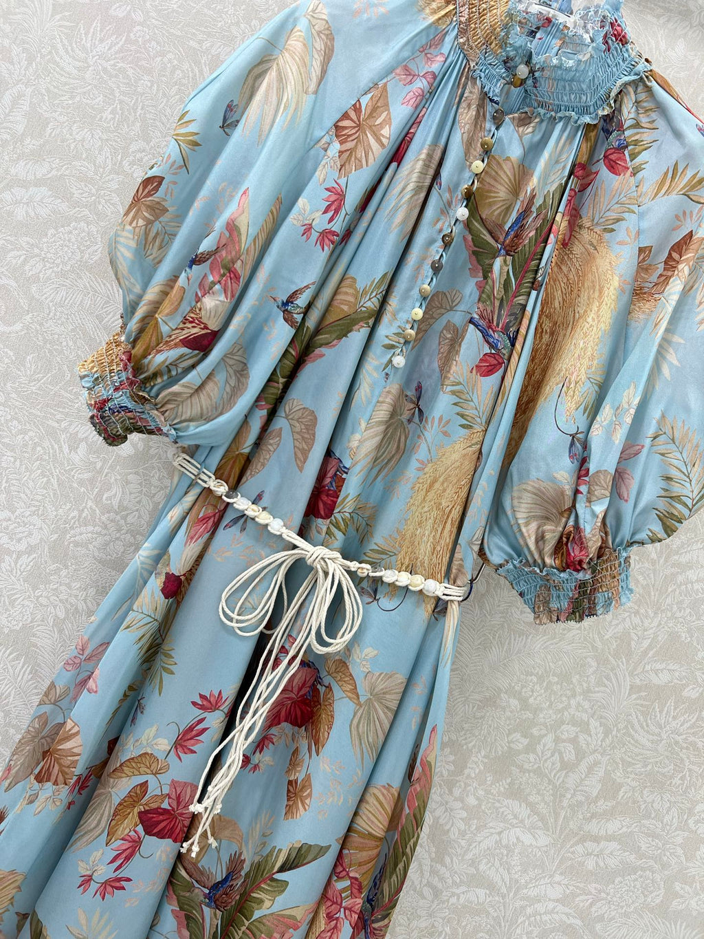 ZIMMERMANN PUFF-SLEEVE FLORAL FEATHER SILK DRESS 275074