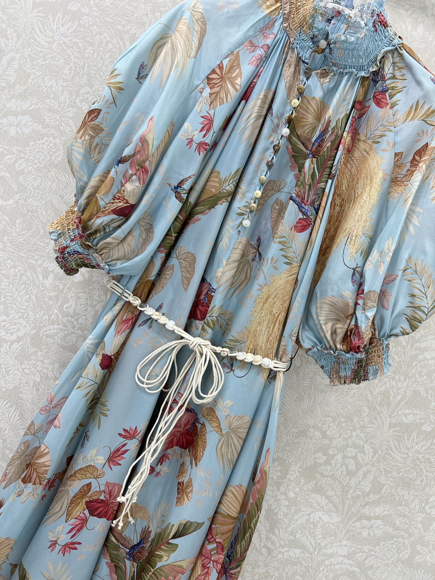 ZIMMERMANN PUFF-SLEEVE FLORAL FEATHER SILK DRESS 275074