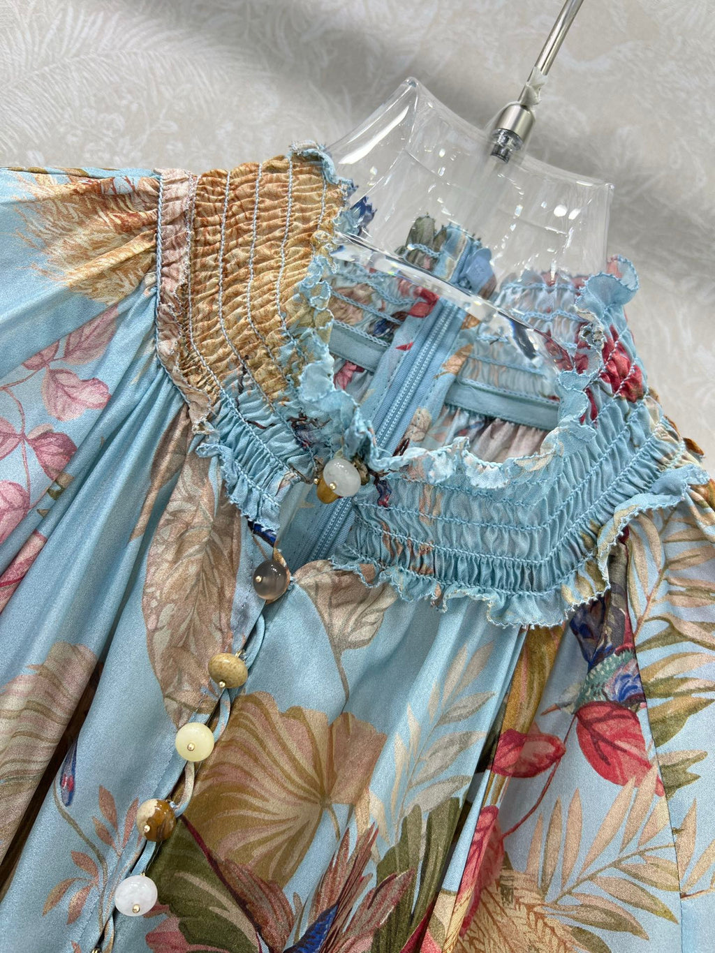 ZIMMERMANN PUFF-SLEEVE FLORAL FEATHER SILK DRESS 275074