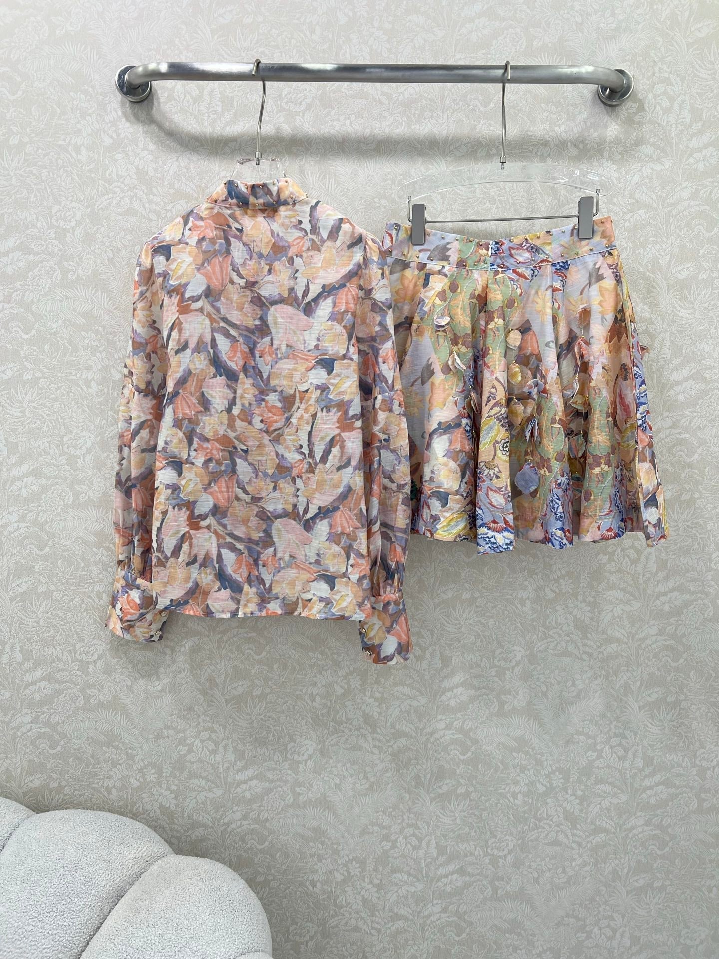 ZIMMER STAND-COLLAR PRINTED STUDDED TOP AND HIGH-WAIST FLARED SKIRT SET