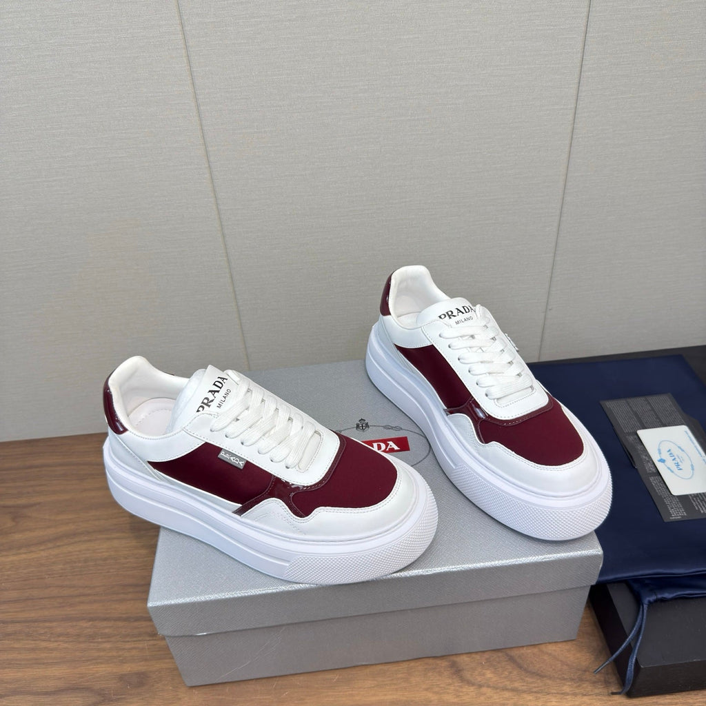 PRADA 25S DOWNTOWN BOLD SNEAKERS 45MM IN WHITE AND BURGUNDY CALFSKIN