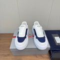 PRADA 25S DOWNTOWN BOLD SNEAKERS 45MM IN WHITE AND NAVY BLUE CALFSKIN