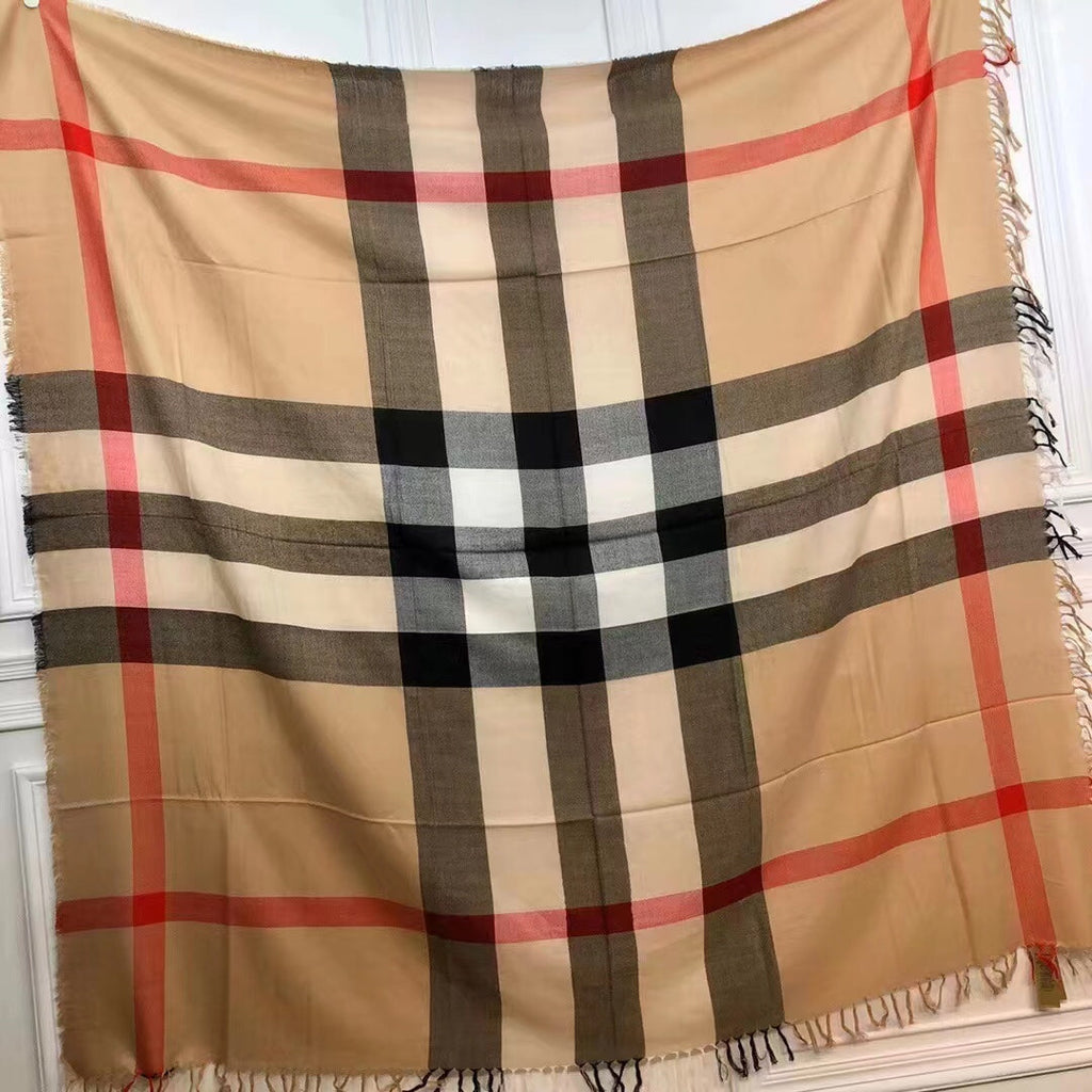 REVERSIBLE CHECK 140 CM WOOL SILK SCARF CAMEL BEIGE 408964