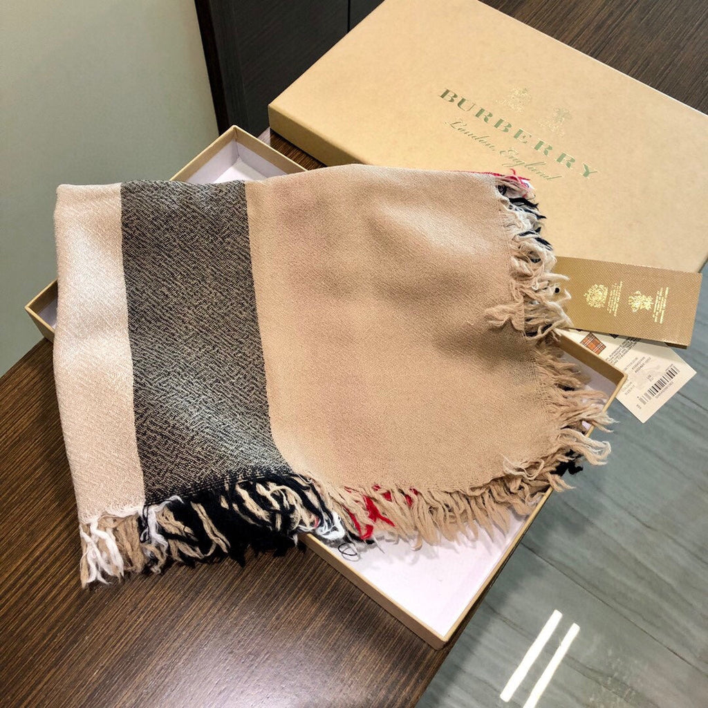 REVERSIBLE CHECK 140 CM WOOL SILK SCARF CAMEL BEIGE 408964