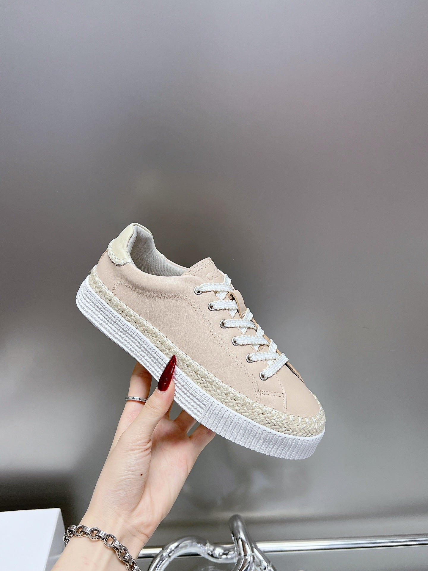 CHLOÉ TELMA LACE-UP SNEAKER IN DESERT SAND LAMBSKIN AND RAFFIA