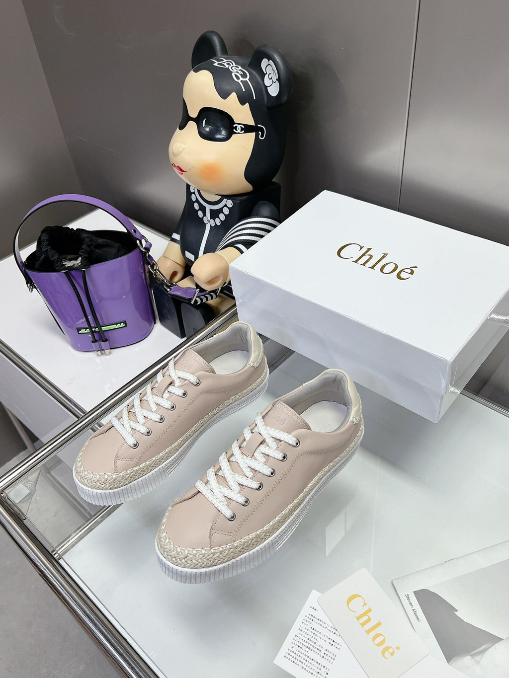 CHLOÉ TELMA LACE-UP SNEAKER IN DESERT SAND LAMBSKIN AND RAFFIA