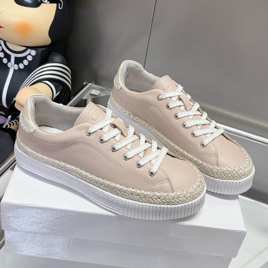 CHLOÉ TELMA LACE-UP SNEAKER IN DESERT SAND LAMBSKIN AND RAFFIA