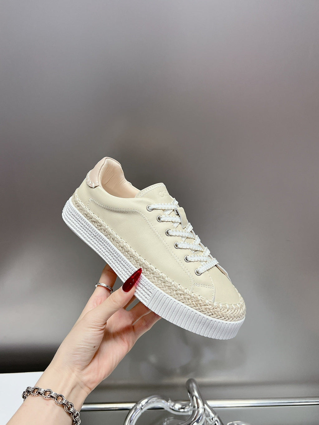 TELMA LACE-UP SNEAKER IN CREAM BEIGE LAMBSKIN AND RAFFIA