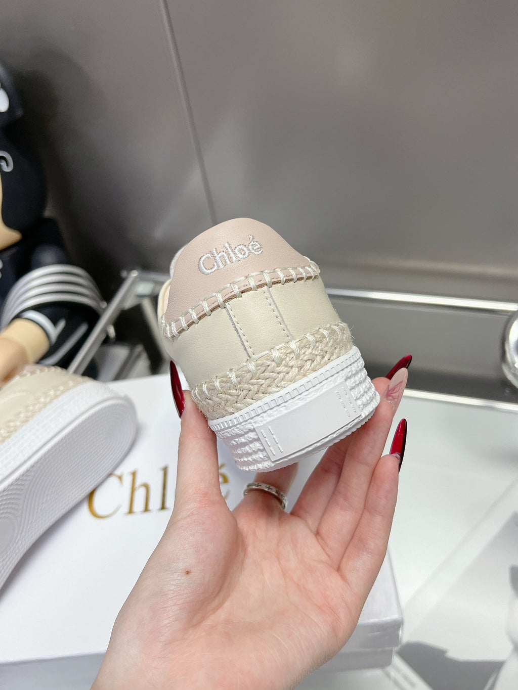 CHLOÉ TELMA LACE-UP SNEAKER IN CREAM BEIGE LAMBSKIN AND RAFFIA