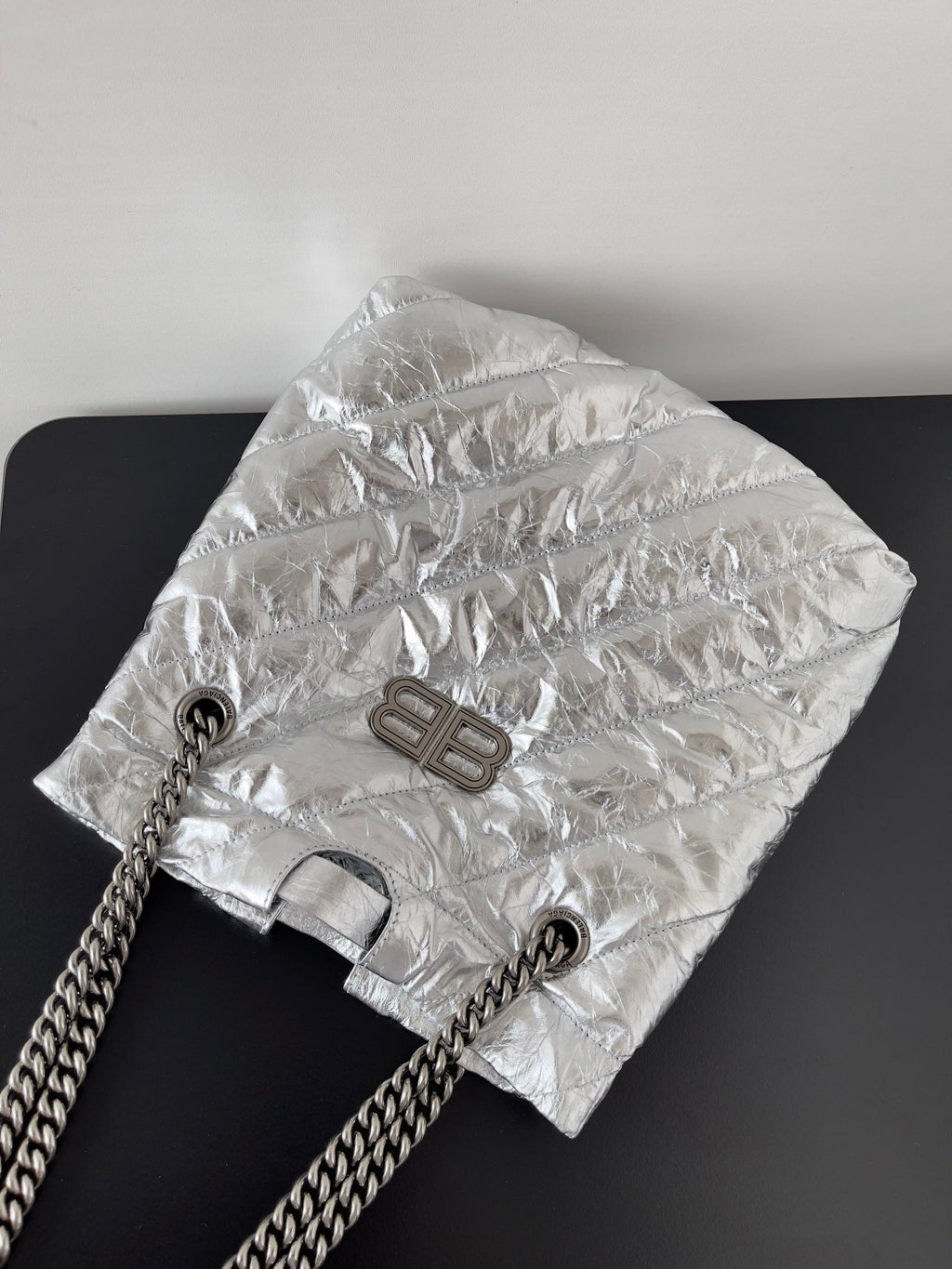 CRUSH SMALL TOTE BAG 26 IN SILVER QUILTED CALFSKIN SILVER HARDWARE