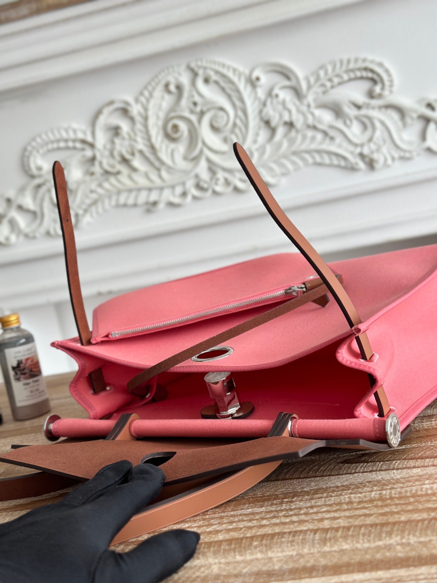 ZIP CABINE 31 BAG IN PUNCH PINK CANVAS AND BRONZE BROWN CALFSKIN