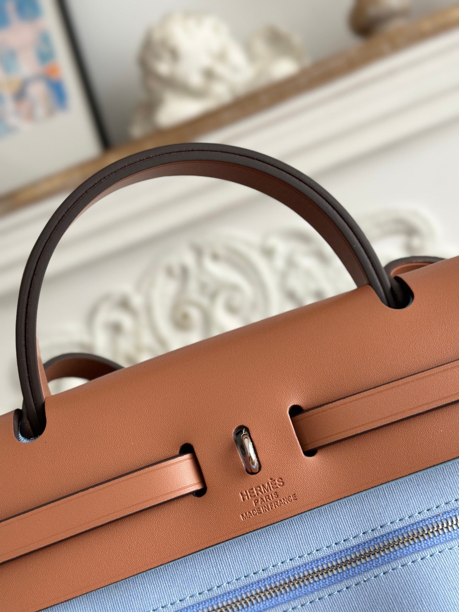 ZIP CABINE 31 BAG IN LIGHT BLUE CANVAS AND BRONZE BROWN CALFSKIN