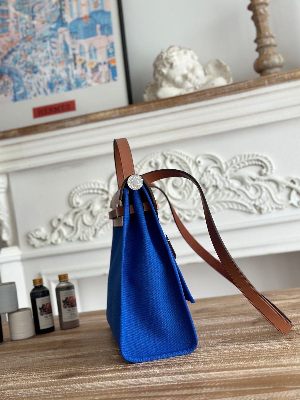 ZIP CABINE 31 BAG IN COBALT BLUE CANVAS AND BRONZE BROWN CALFSKIN