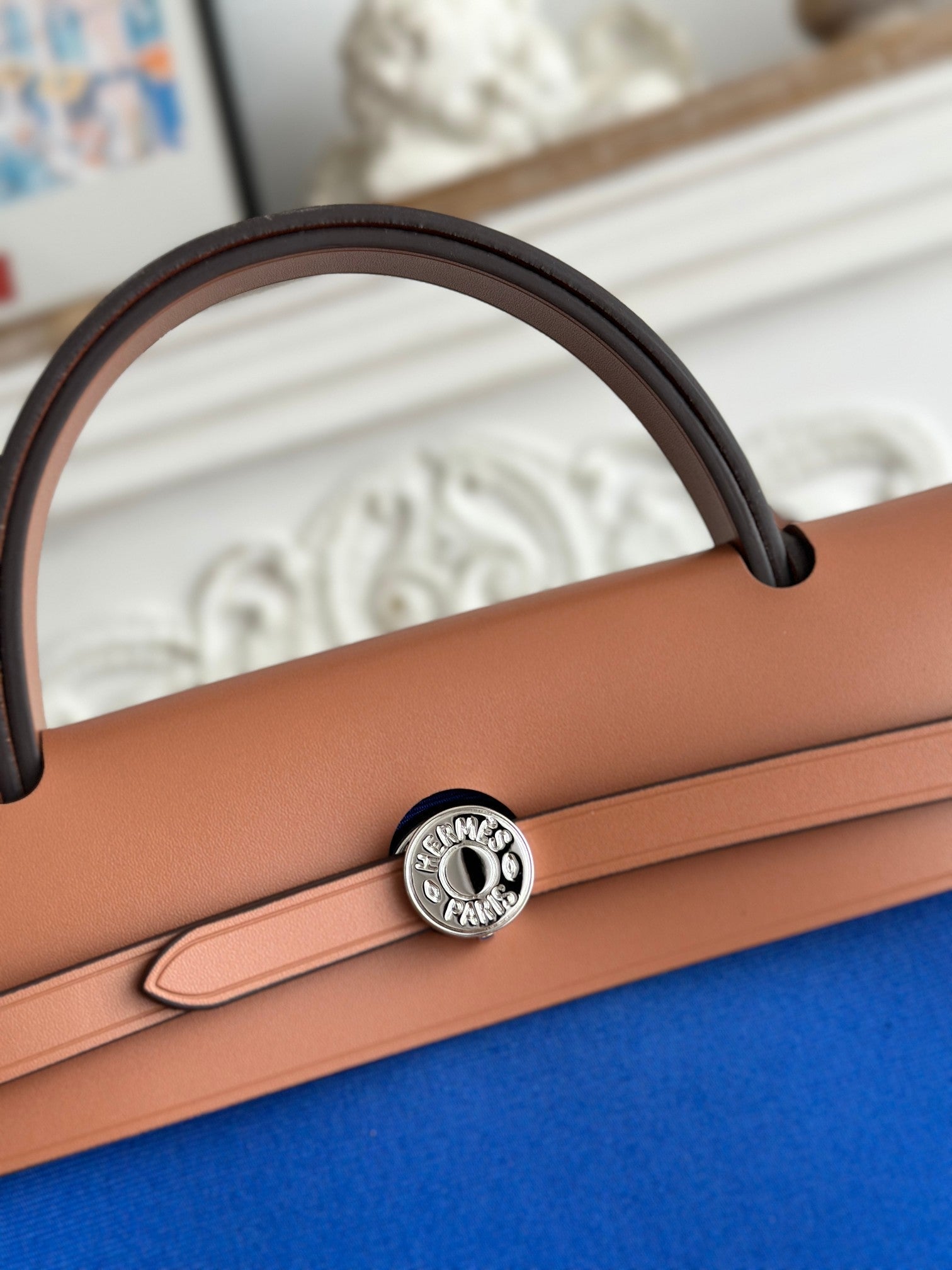 ZIP CABINE 31 BAG IN COBALT BLUE CANVAS AND BRONZE BROWN CALFSKIN