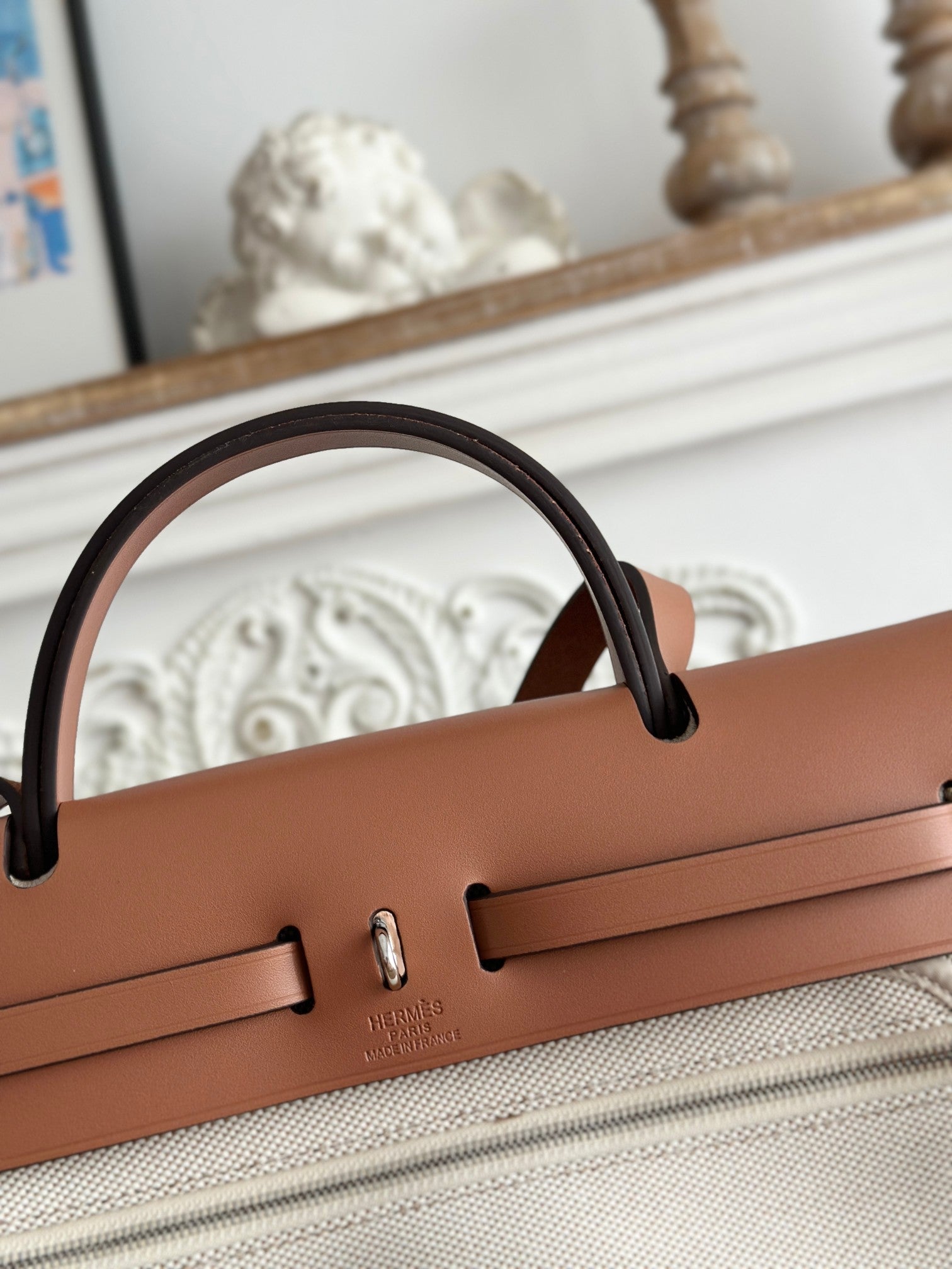 ZIP CABINE 31 BAG IN PALE GRAY CANVAS AND BRONZE BROWN CALFSKIN