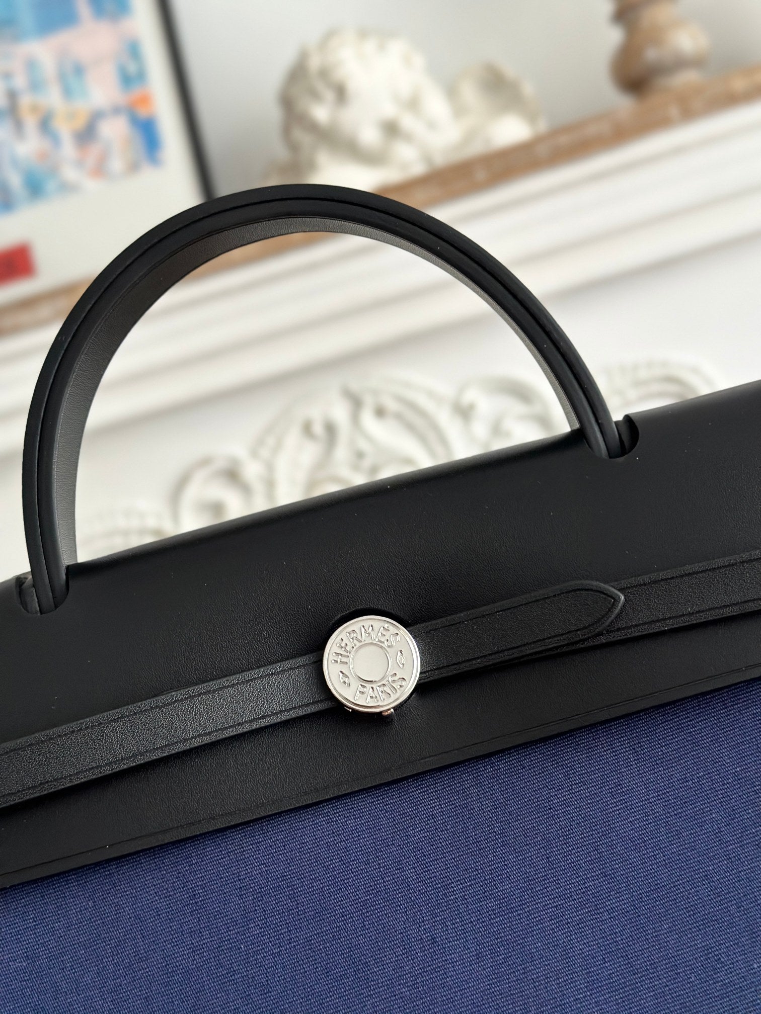 ZIP CABINE 31 BAG IN NAVY BLUE CANVAS AND BLACK CALFSKIN