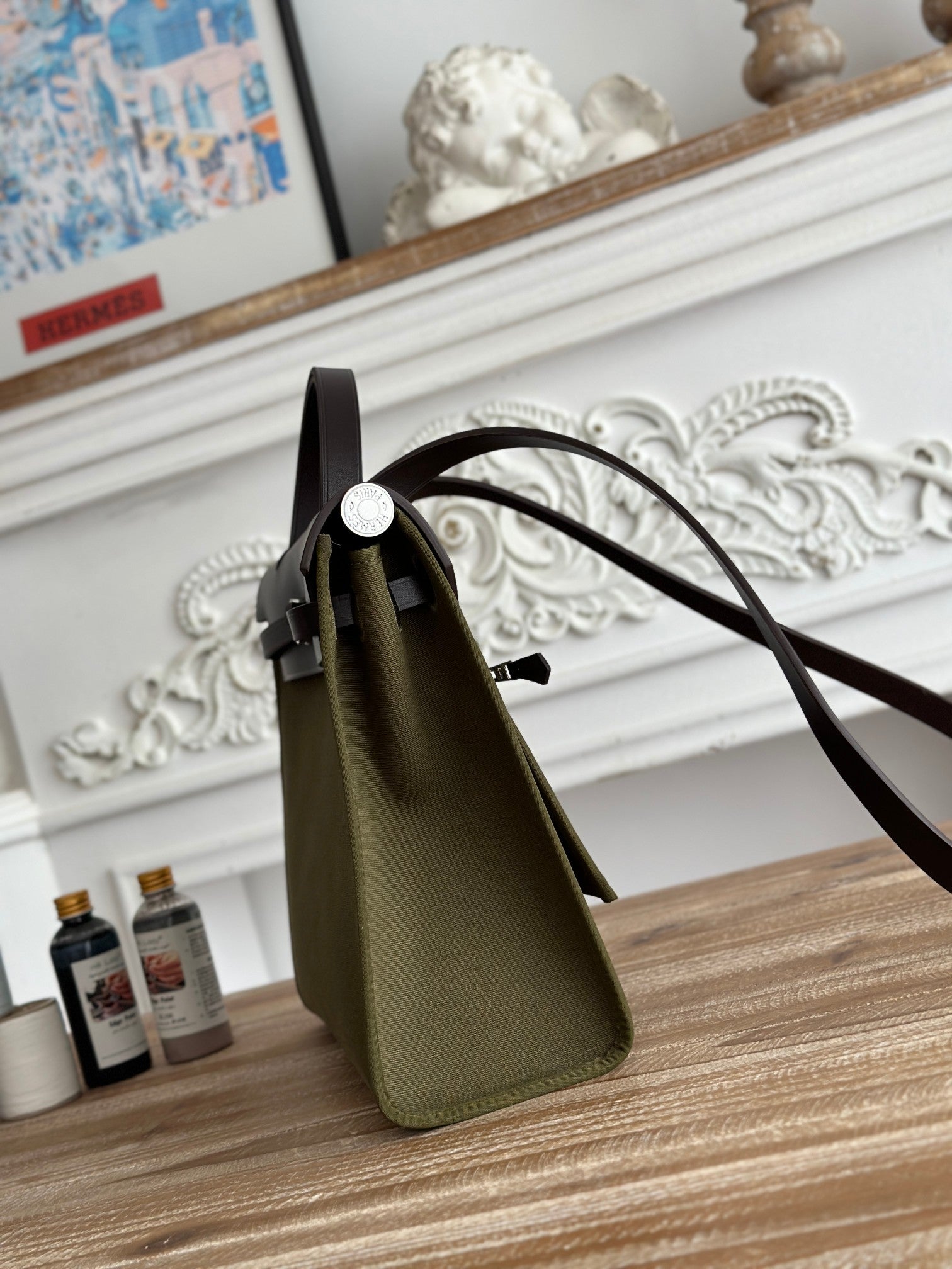 ZIP CABINE 31 BAG IN OLIVE GREEN CANVAS AND BLACK CALFSKIN