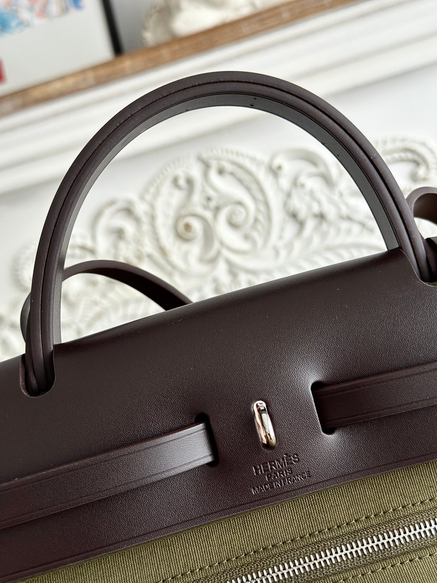 ZIP CABINE 31 BAG IN OLIVE GREEN CANVAS AND BLACK CALFSKIN