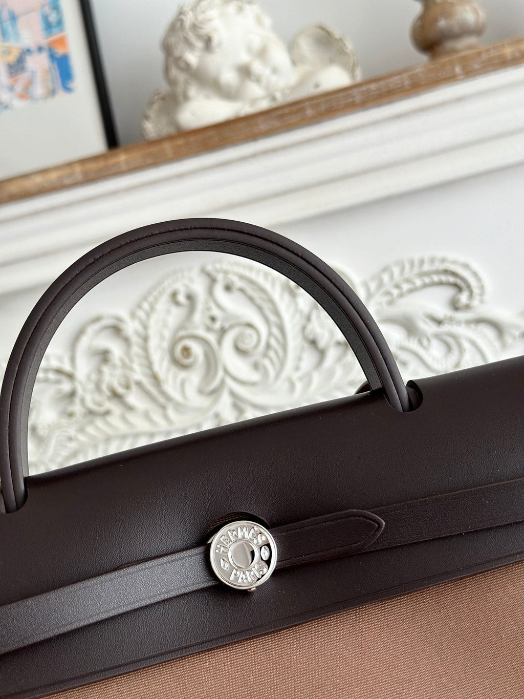 ZIP CABINE 31 BAG IN CHOCOLATE BROWN CANVAS AND BLACK CALFSKIN