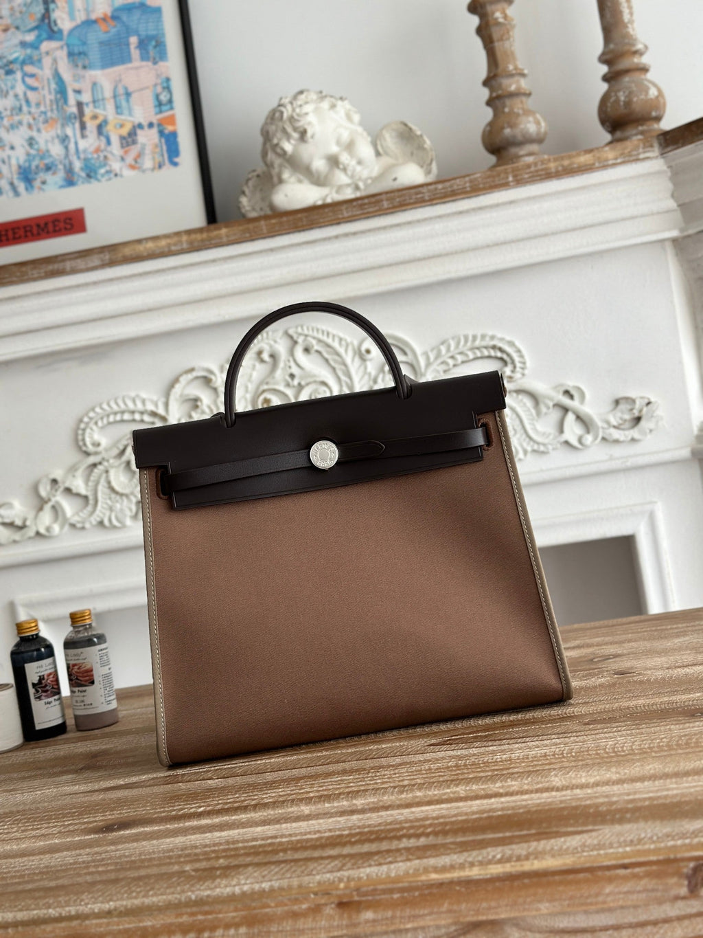 ZIP CABINE 31 BAG IN CHOCOLATE BROWN CANVAS AND BLACK CALFSKIN