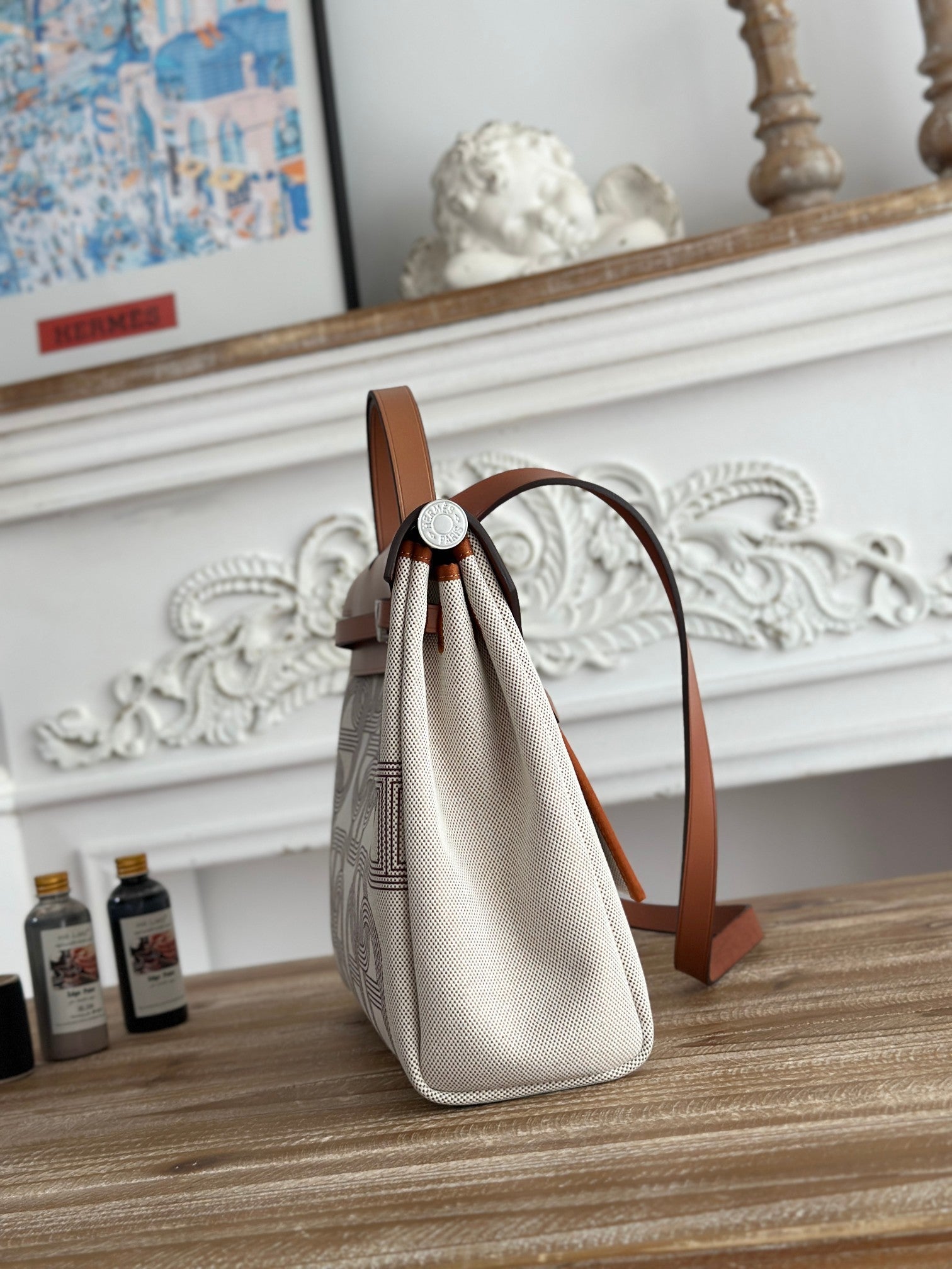 HERBAG ZIP 31 LAQUERED BAG IN OFF-WHITE MIX BROWN H PLUME CANVAS AND BROWN COWHIDE