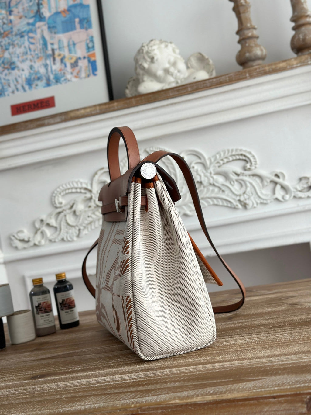 BOLSO HERBAG ZIP 31 RETOURNE BAG IN OFF-WHITE MIX BROWN H VIKING CANVAS AND COWHIDE