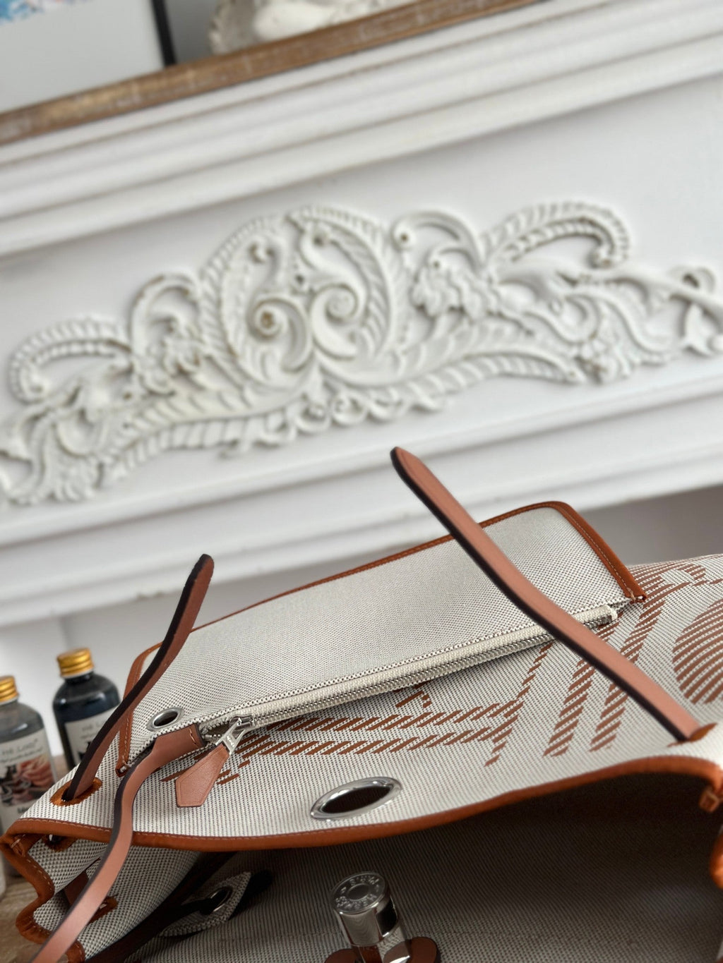 BOLSO HERBAG ZIP 31 RETOURNE BAG IN OFF-WHITE MIX BROWN H VIKING CANVAS AND COWHIDE