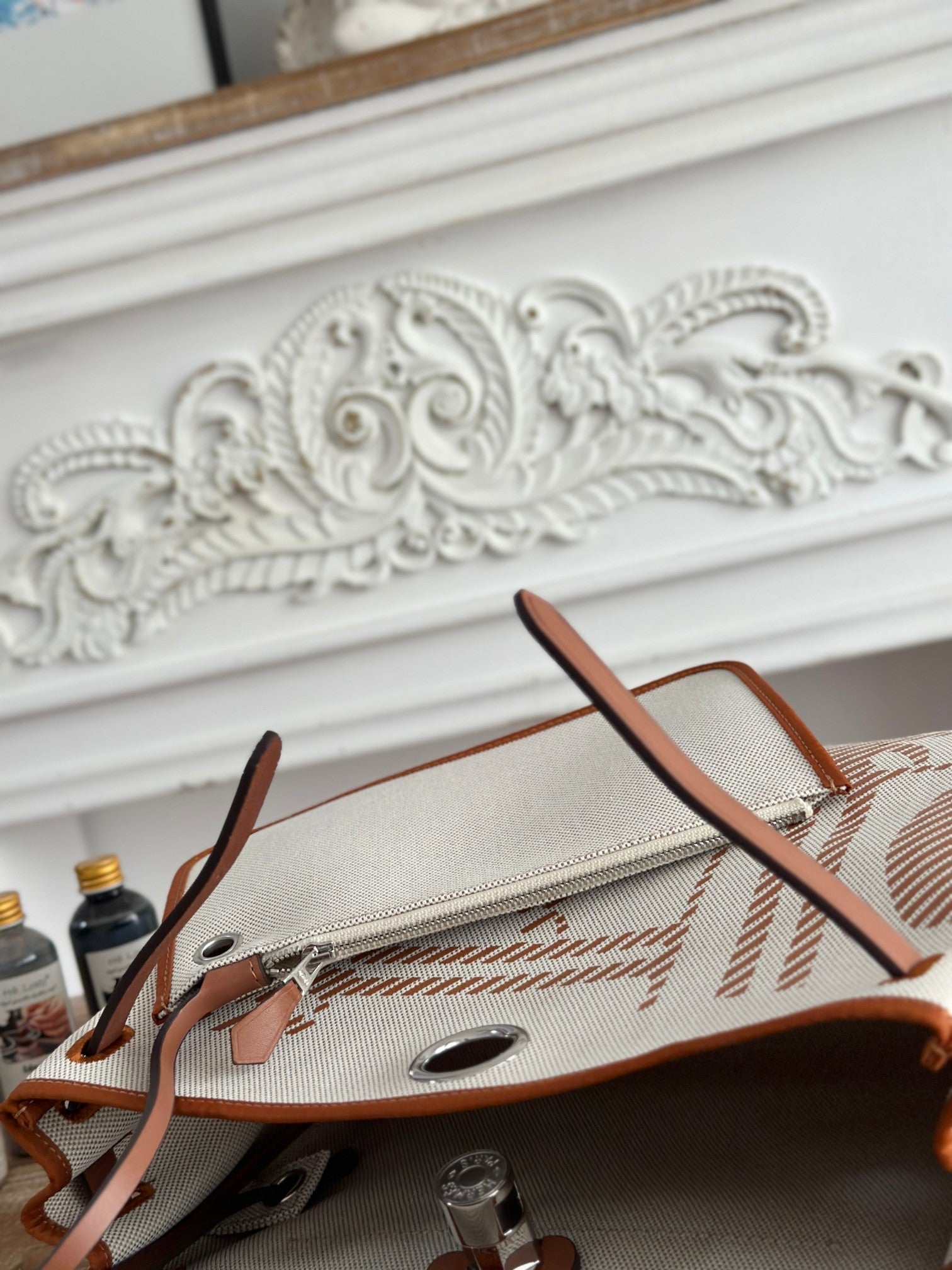 BOLSO HERBAG ZIP 31 RETOURNE BAG IN OFF-WHITE MIX BROWN H VIKING CANVAS AND COWHIDE