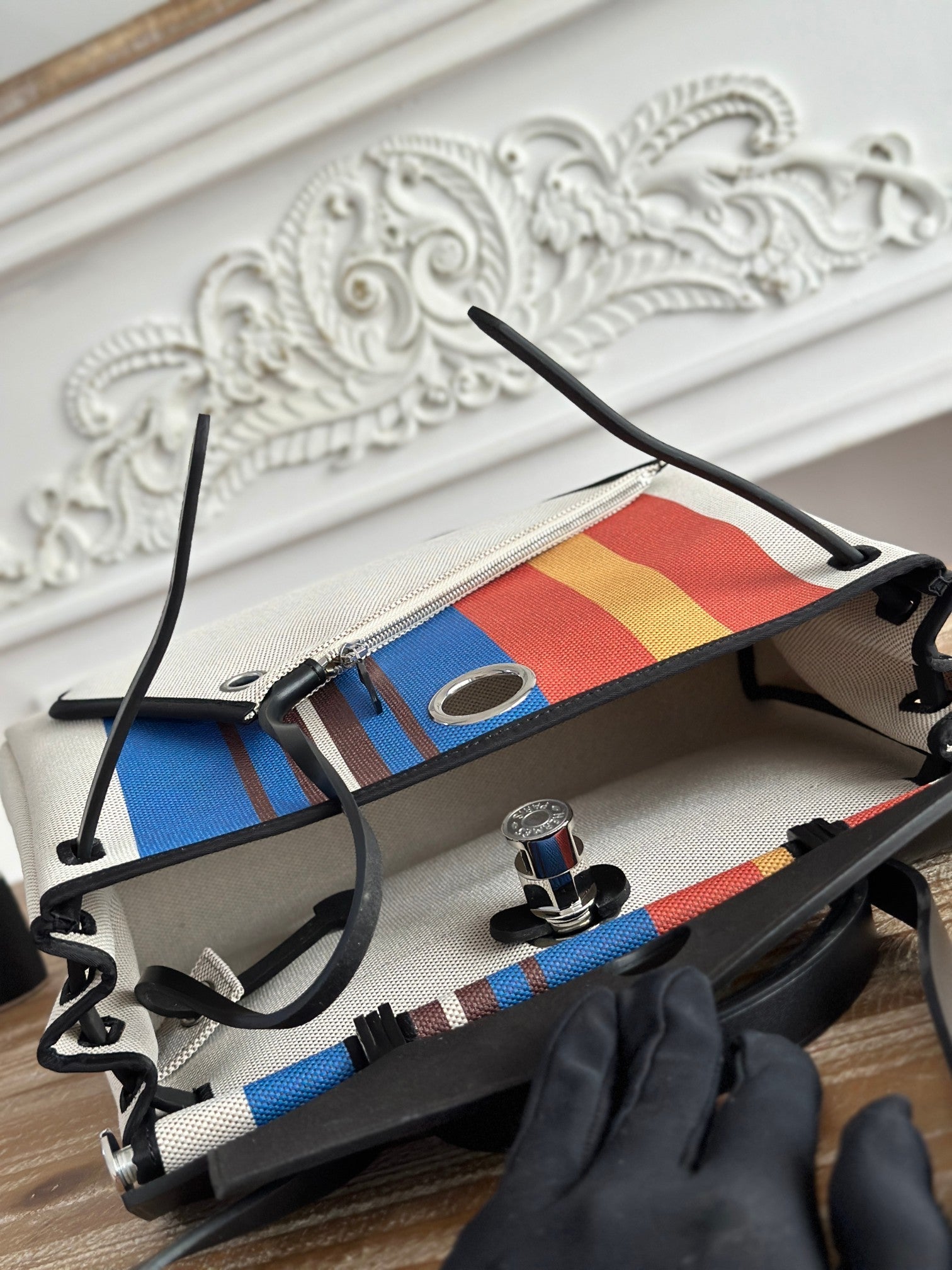 HERBAG ZIP 31 LAQUERED BAG IN BLUE MIX RED H PLUME CANVAS