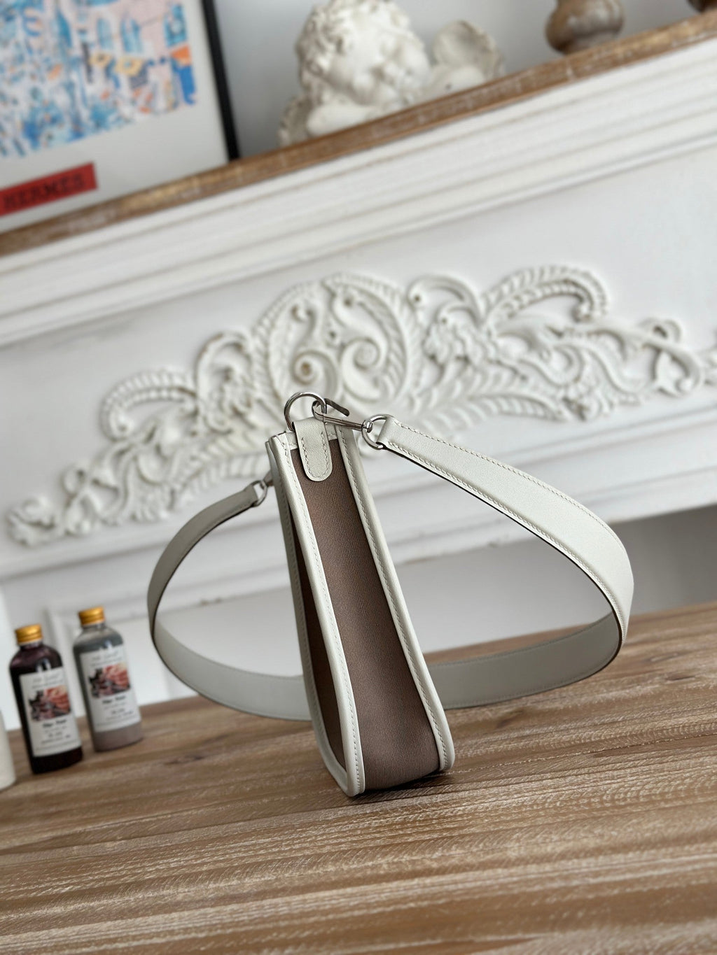 MINI NEO 17 EVELYNE BAG IN WENGE BROWN CANVAS AND WHITE CALFSKIN