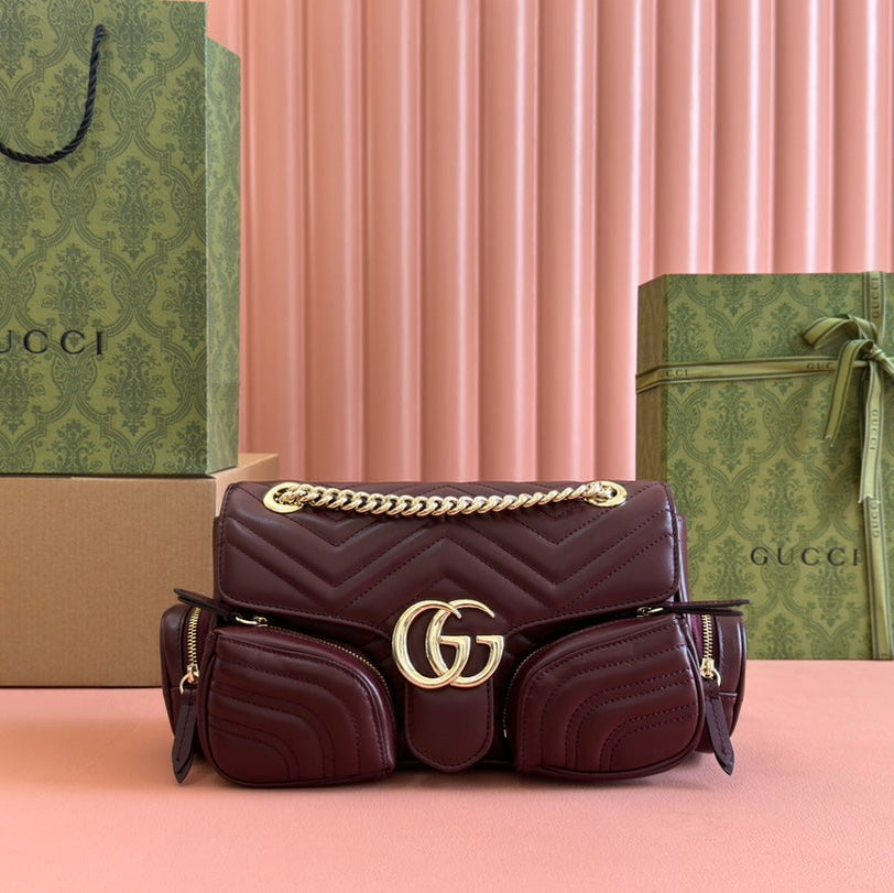 MARMONT SMALL MULTI-POCKET BAG 25 IN CURRANT RED CALFSKIN GOLD HARDWARE