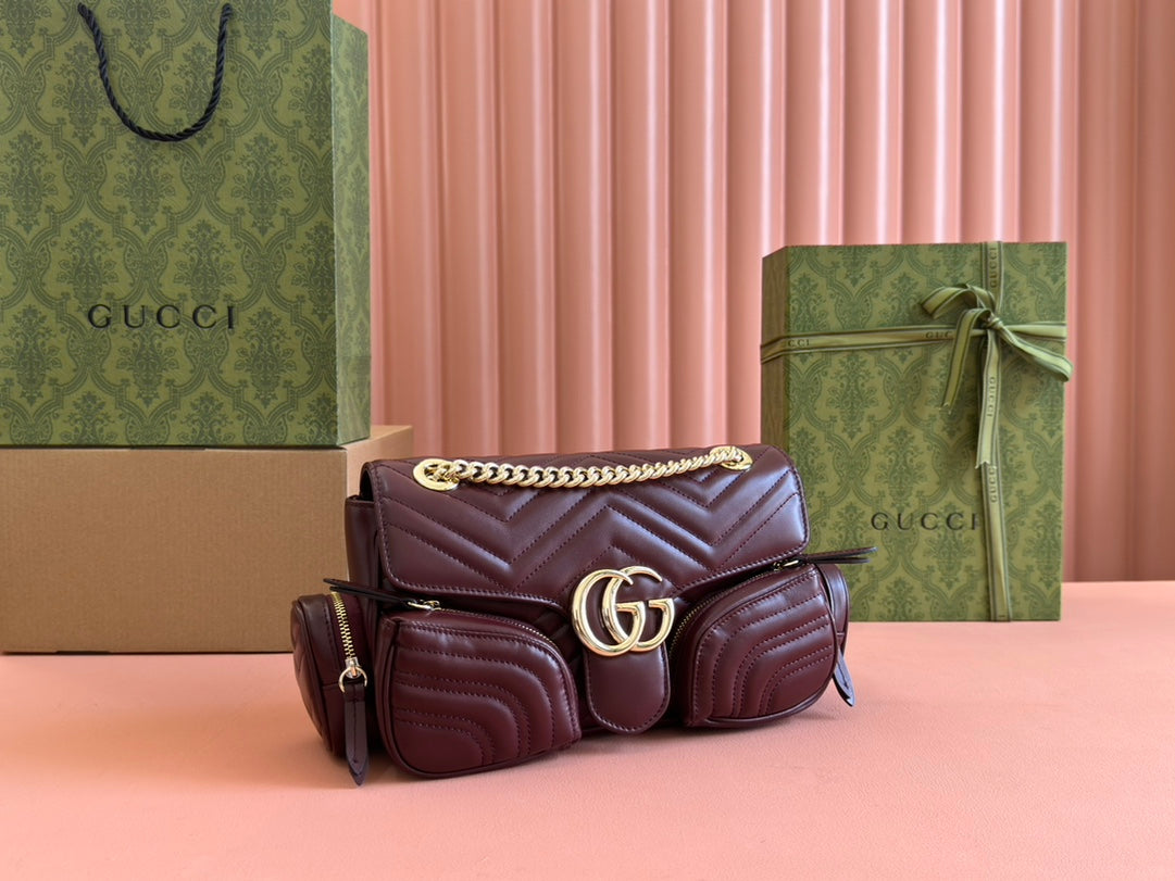 MARMONT SMALL MULTI-POCKET BAG 25 IN CURRANT RED CALFSKIN GOLD HARDWARE