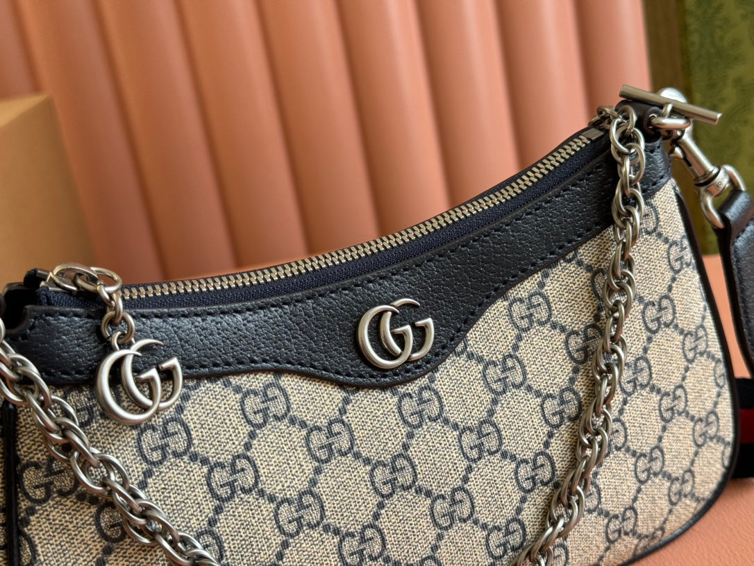 OPHIDIA SHOULDER BAG 25 IN GREY EBONY CANVAS AND BLACK LAMBSKIN SILVER HARDWARE