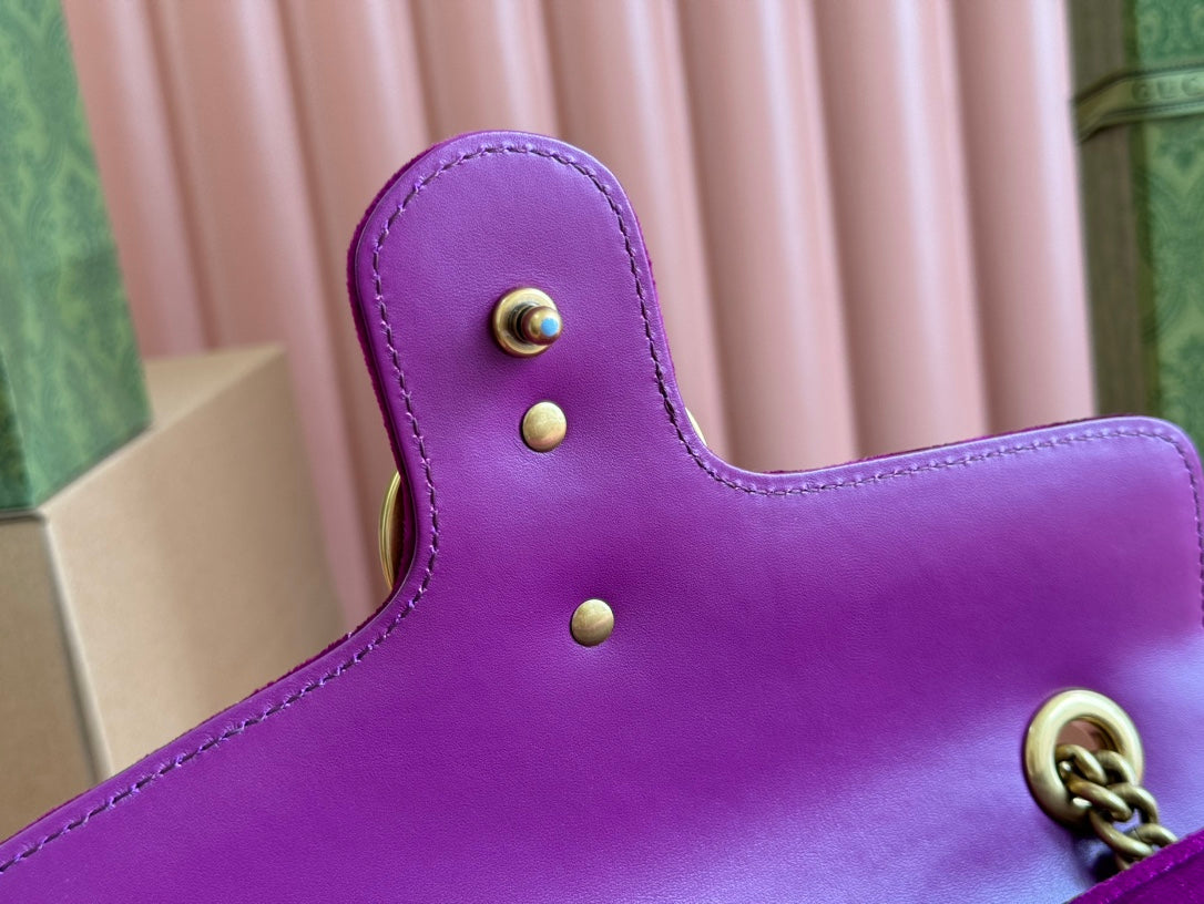 GUCCI 25S GG MARMONT 26 CM IN DEEP PINK PURPLE VELVET WITH GOLD HARDWARE