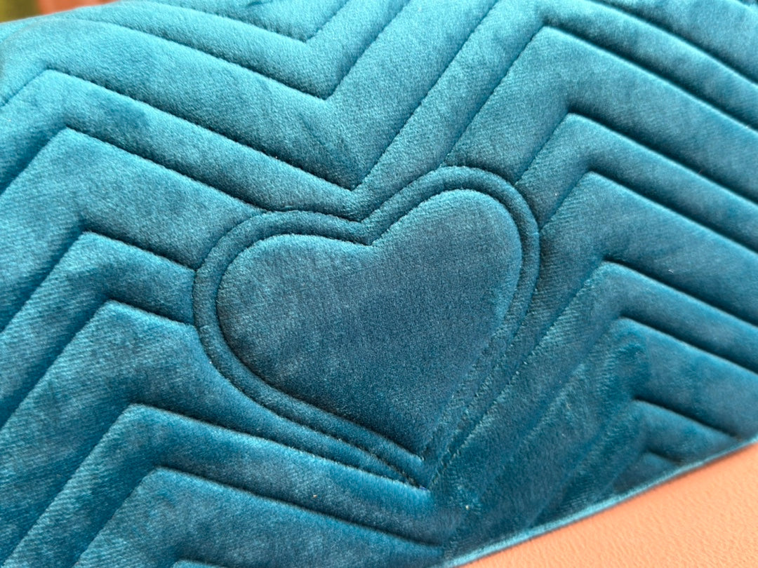 GUCCI 25S GG MARMONT 26 CM IN DEEP TEAL BLUE VELVET WITH GOLD HARDWARE