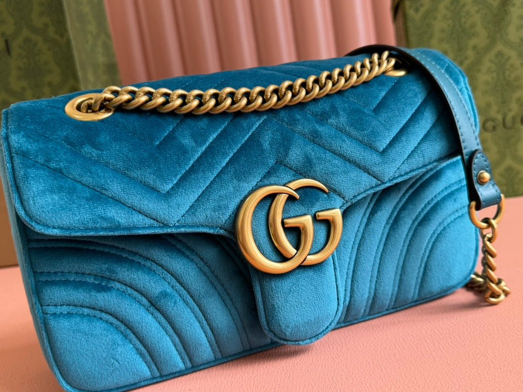 GUCCI 25S GG MARMONT 26 CM IN DEEP TEAL BLUE VELVET WITH GOLD HARDWARE